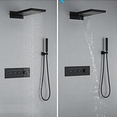 Luxury black rain shower head with handheld sprayer, elegant bathroom fixture for spa-like experience, Monalisa Store.