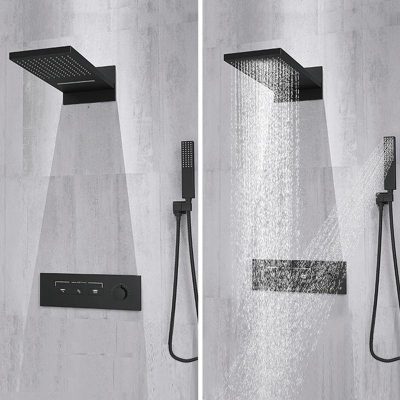 Modern black shower head and handheld shower with sleek design, ideal for luxurious bathroom renovation.