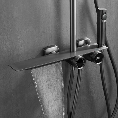 High-quality black finish shower faucet with digital temperature display and adjustable hand shower, ideal for upscale bathroom renovations.