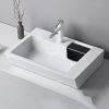 Elegant white bathroom sink with chrome faucet, durable design, perfect for home or clinic washbasins. Includes integrated black soap or storage holder, stylish and functional.