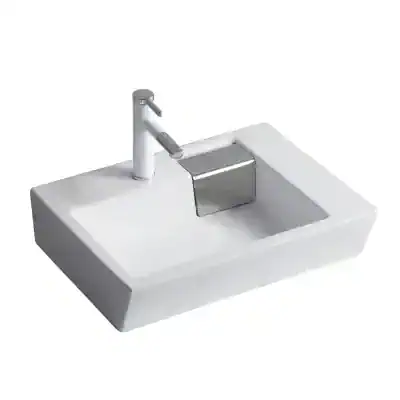 Modern white ceramic sink with chrome faucet for optometry clinics, ideal for eye exams and eyewear fitting stations. Durable, stylish, and easy to clean.