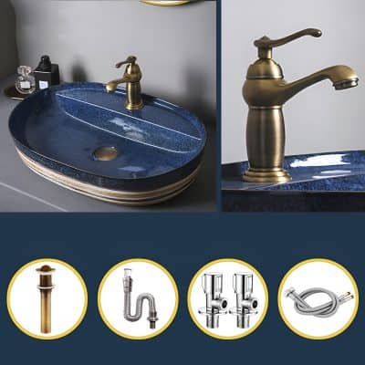High-quality blue and brass bathroom sink with faucet for modern and luxurious bathroom decor. Durable materials, stylish design, perfect for home or commercial space.