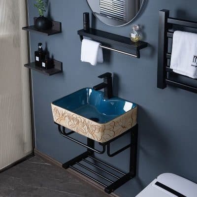 Stylish blue and floral bathroom sink with vintage inspired design for modern bathroom decor. Perfect for enhancing your specific aesthetic with high-quality materials.
