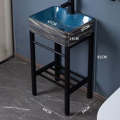 High-quality blue ceramic bathroom sink with black metal stand, measuring 47cm x 37cm x 14cm, perfect for stylish and functional bathroom or vanity area.