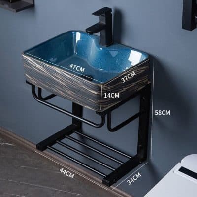 Modern marble vessel sink with sleek black faucet and stand, measuring 47cm x 37cm with a height of 14cm, on sturdy black frame. Ideal for stylish homes and upscale spaces.