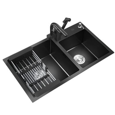 Sleek black kitchen sink featuring a pull-down faucet and built-in dish rack, perfect for modern kitchens needing efficient space management and contemporary design.