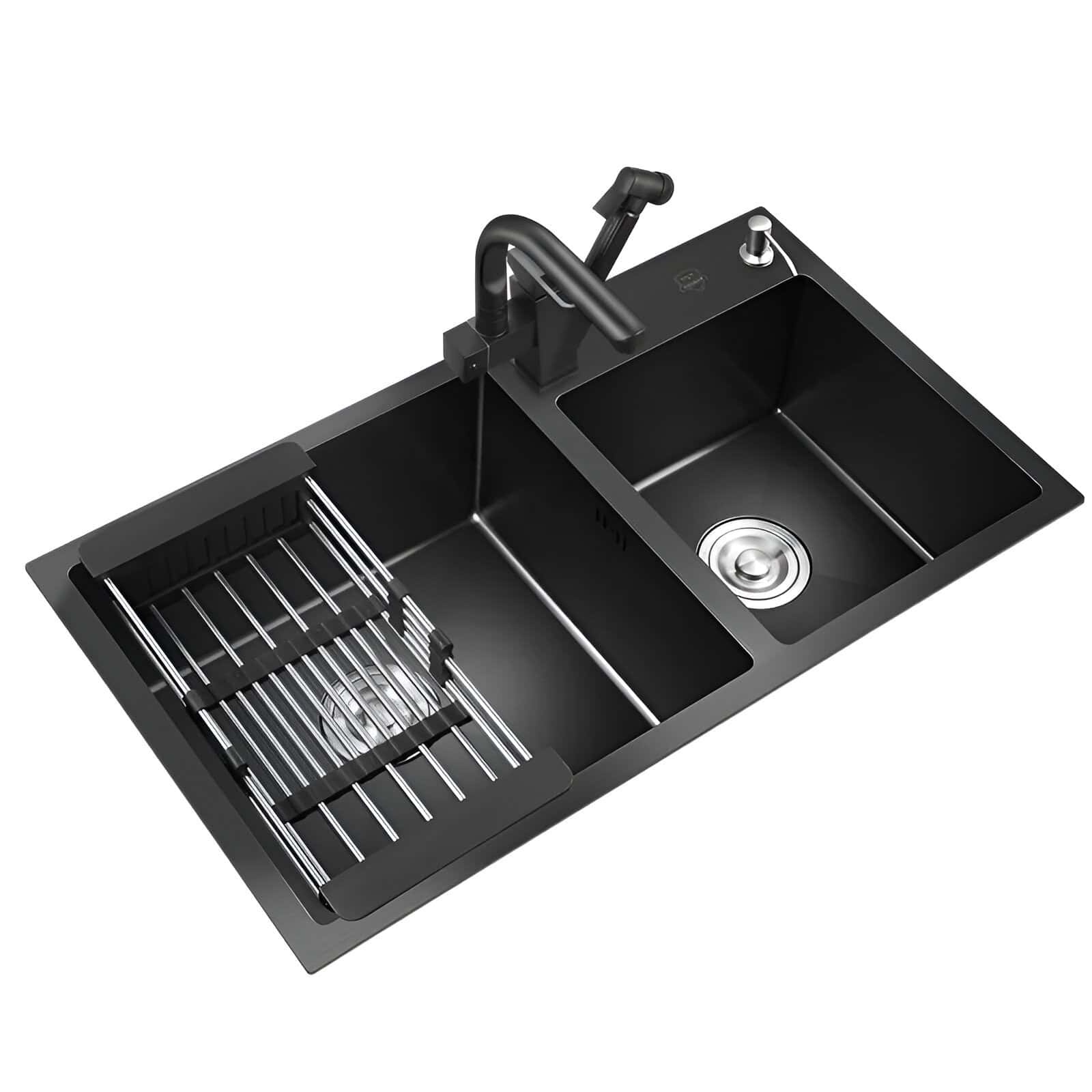 Sleek black kitchen sink featuring a pull-down faucet and built-in dish rack, perfect for modern kitchens needing efficient space management and contemporary design.