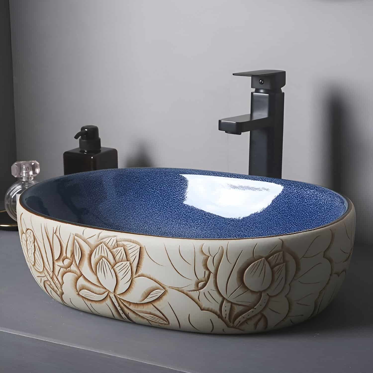 Ceramic Lotus Flower Pattern Countertop Vessel Sink for Bathroom or Balcony - Image 4