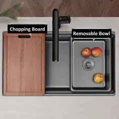 Highly functional kitchen sink with removable bowl and chopping board, perfect for efficient food prep and cleaning in a contemporary kitchen setting.