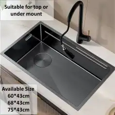 High-quality black stainless steel sink suitable for top or under mount installation, available in multiple sizes.