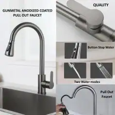 Durable gunmetal anodized coated pull-out kitchen faucet with easy button stop water and two water modes for versatile use.