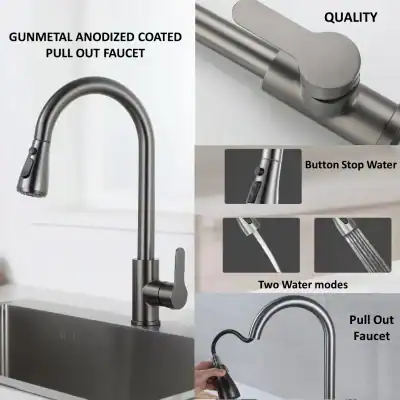 Durable gunmetal anodized coated pull-out kitchen faucet with easy button stop water and two water modes for versatile use.