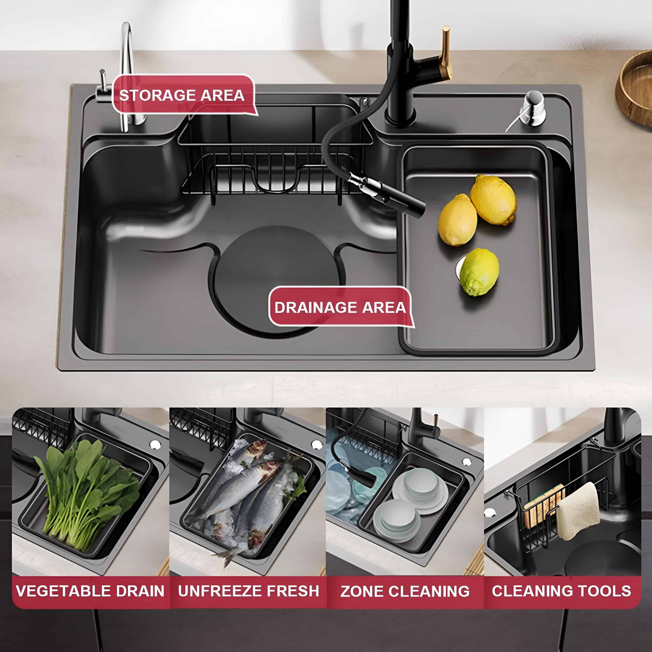Black Multifunctional Stainless Steel Kitchen Sink with Wash, Cut, and Drain Features - Image 3