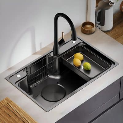 High-quality black kitchen sink with durable faucet, integrated draining rack, and space for cleaning fruits and utensils, perfect for modern kitchens.