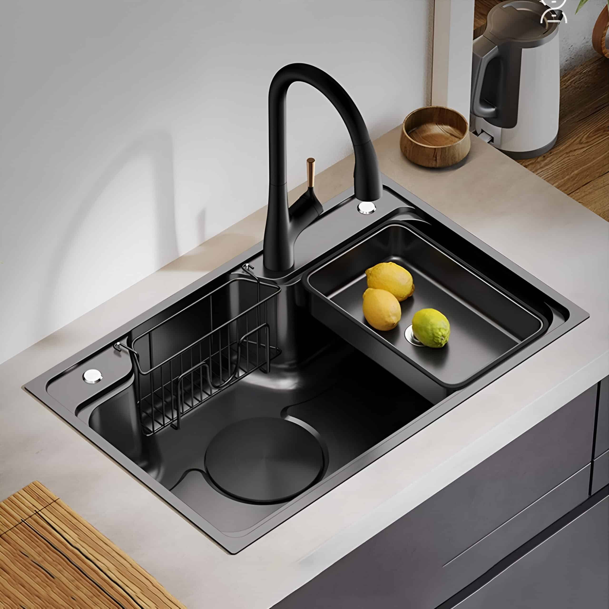 Black Multifunctional Stainless Steel Kitchen Sink with Wash, Cut, and Drain Features