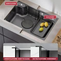 Optimized kitchen sink featuring a platform for easy cleaning and convenient access to the basin and accessories.