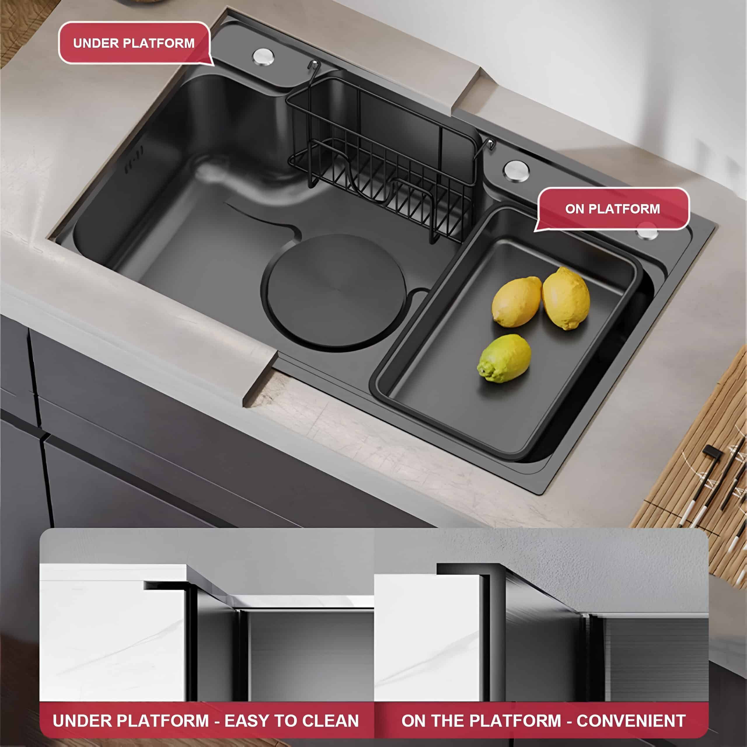 Optimized kitchen sink featuring a platform for easy cleaning and convenient access to the basin and accessories.