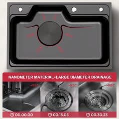 High-quality nanometer material kitchen sink with large diameter drainage, modern design, durable, corrosion-resistant. Perfect for advanced kitchen and bathroom renovation.