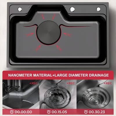 High-quality nanometer material kitchen sink with large diameter drainage, modern design, durable, corrosion-resistant. Perfect for advanced kitchen and bathroom renovation.