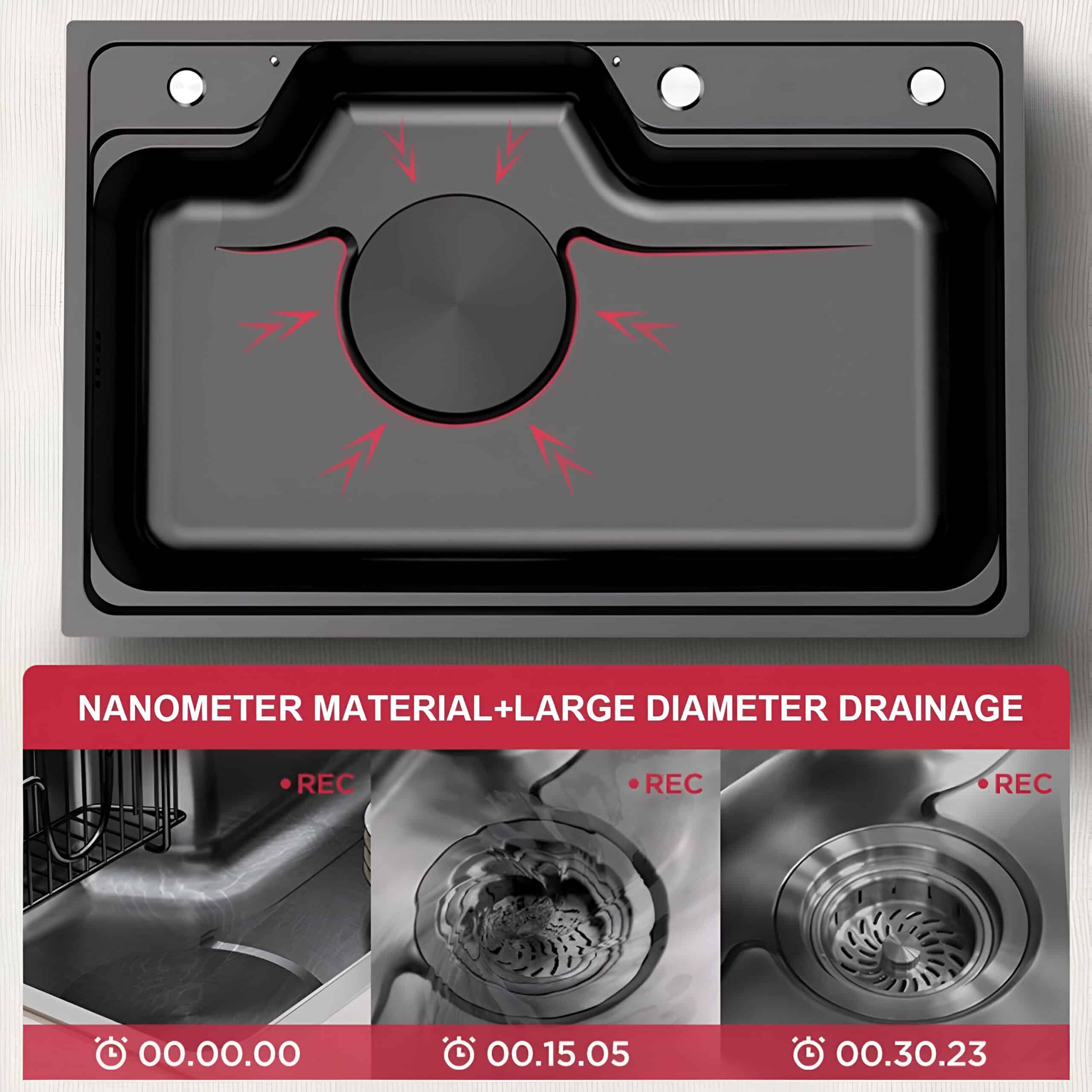 High-quality nanometer material kitchen sink with large diameter drainage, modern design, durable, corrosion-resistant. Perfect for advanced kitchen and bathroom renovation.