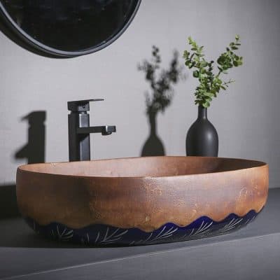 Elegant stone basin with black ceramic detailing, modern matte black faucet, simple gray countertop, decorative green plant, contemporary bathroom setup.