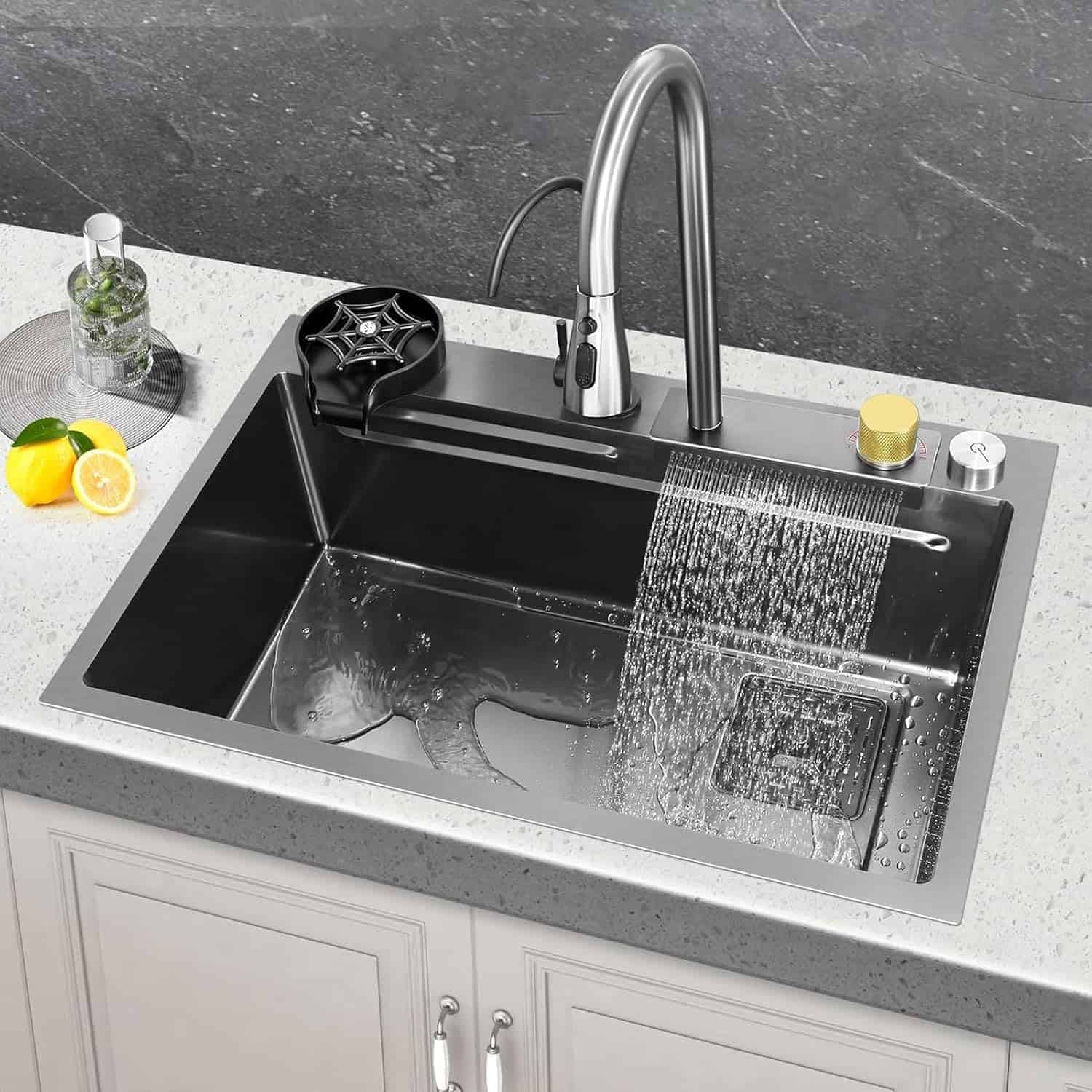 Stainless steel kitchen sink with pull-out faucet, drainboard, and modern design for effective kitchen cleaning.