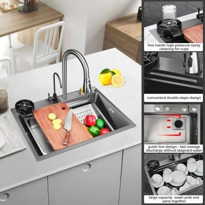 Kitchen sink with high-pressure spray for efficient cleaning, double-step design, guide line for rapid sewage discharge, and large capacity for washing pots and pans.