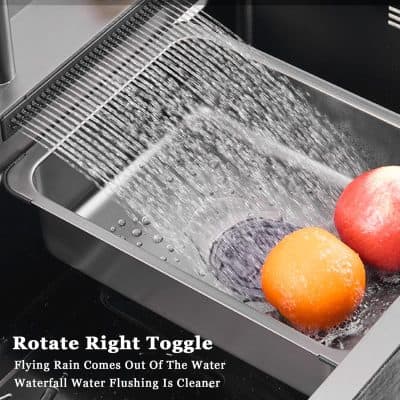 High-quality stainless steel kitchen sink with water spraying faucet for optimal cleaning. Easy to use with a rotate right toggle feature for efficient water flow and rinsing.