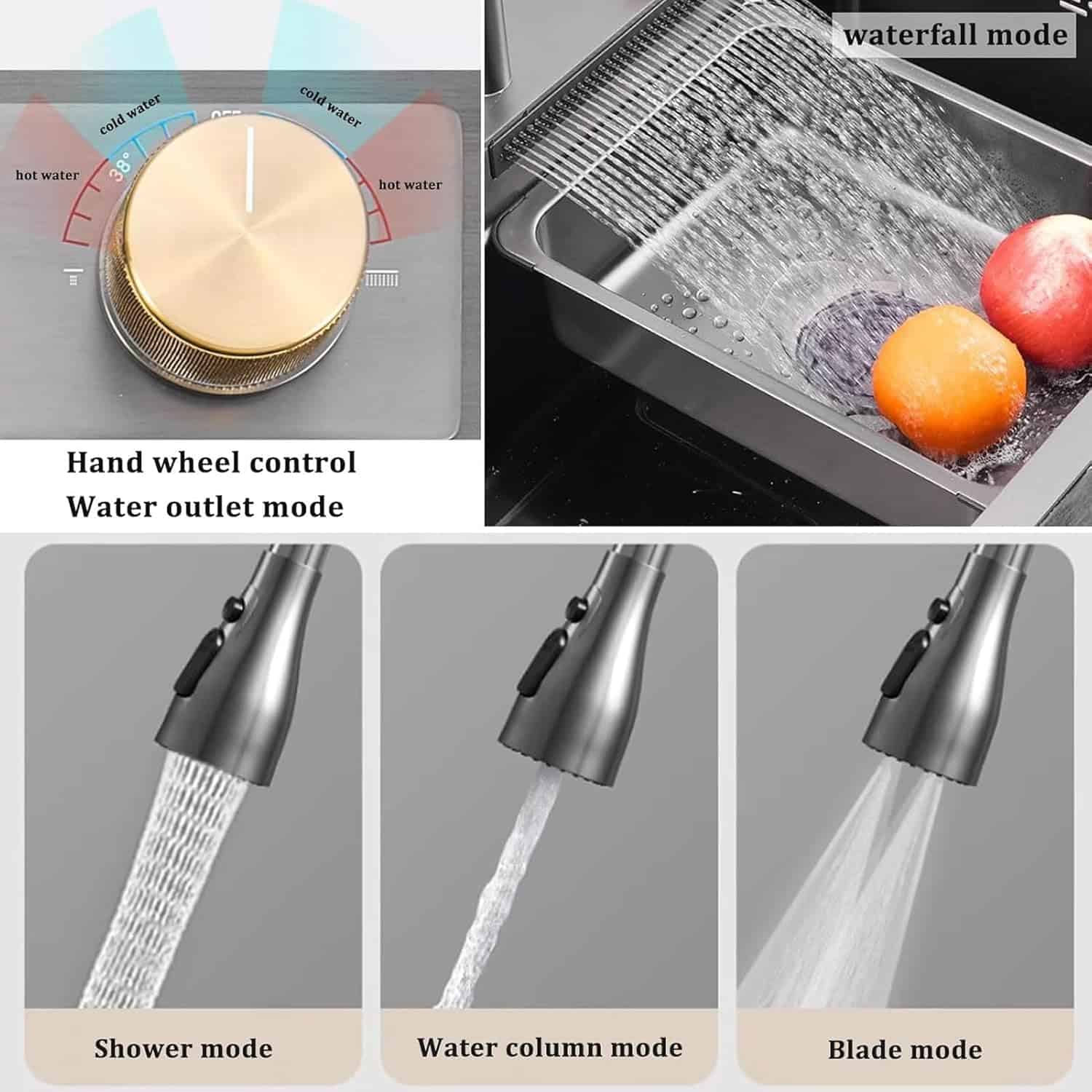 High-quality stainless steel kitchen faucet with water-saving features and adjustable spray options including shower, water column, and blade modes.