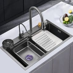 Stainless steel kitchen sink with dual basins, adjustable faucet, and modern design, perfect for efficient food prep and dishwashing in a contemporary kitchen setting.