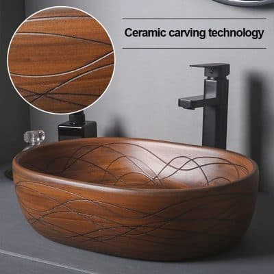 Luxury ceramic carving technology bathroom sink with timber finish. Perfect for modern bathroom decor, combining craftsmanship and style for a natural look.
