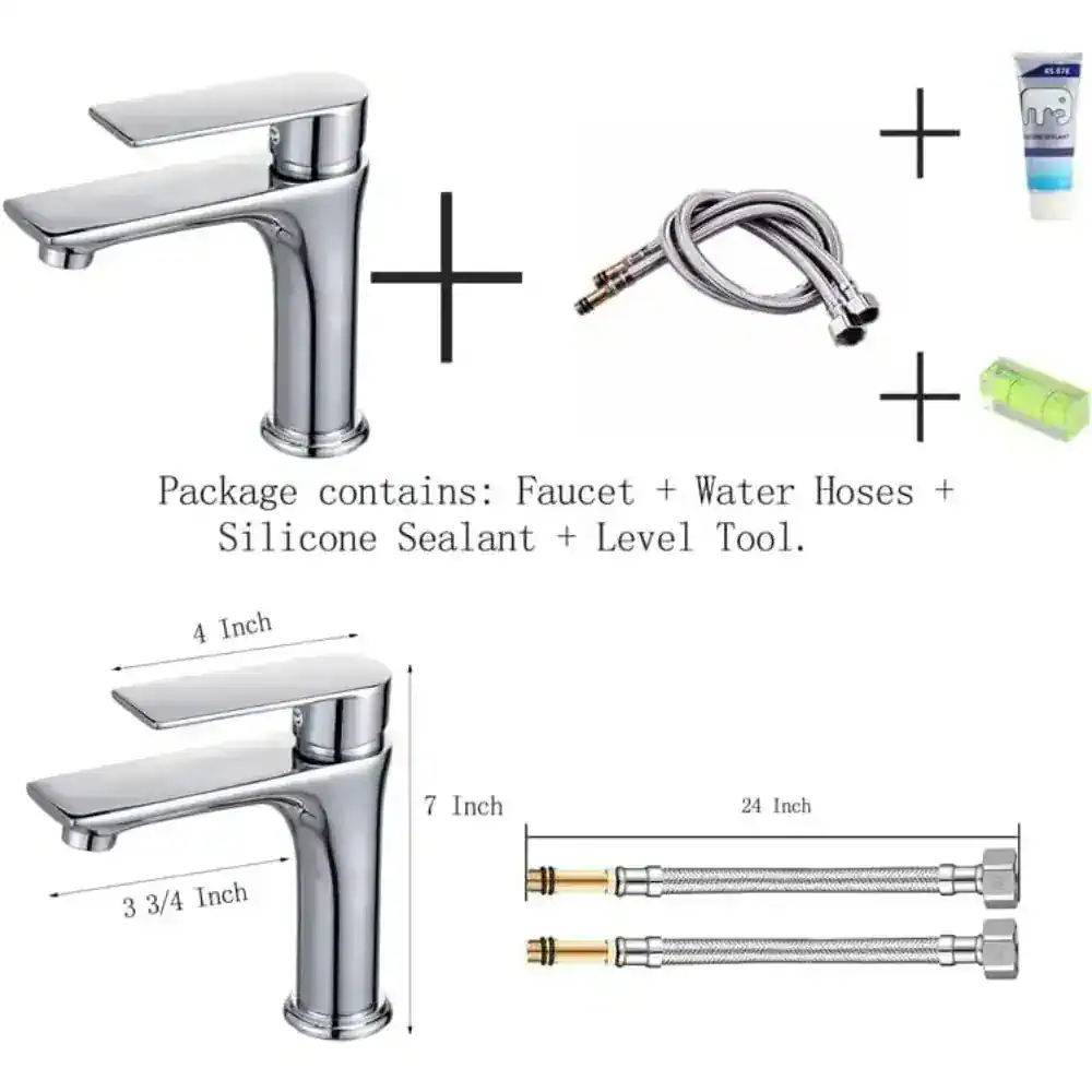High-quality bathroom faucet with water hoses, silicone sealant, and level tool for easy installation and leak-proof setup. Perfect for modern bathrooms and plumbing needs.