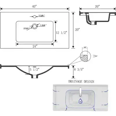 High-quality modern bathroom sink with detailed technical drawings, measuring 40”x20”, featuring drainage design, dimensions, and sectional views for optimal installation and aesthetic appeal.