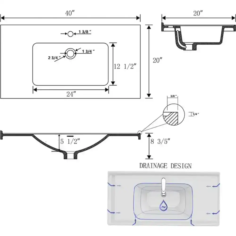 High-quality modern bathroom sink with detailed technical drawings, measuring 40”x20”, featuring drainage design, dimensions, and sectional views for optimal installation and aesthetic appeal.