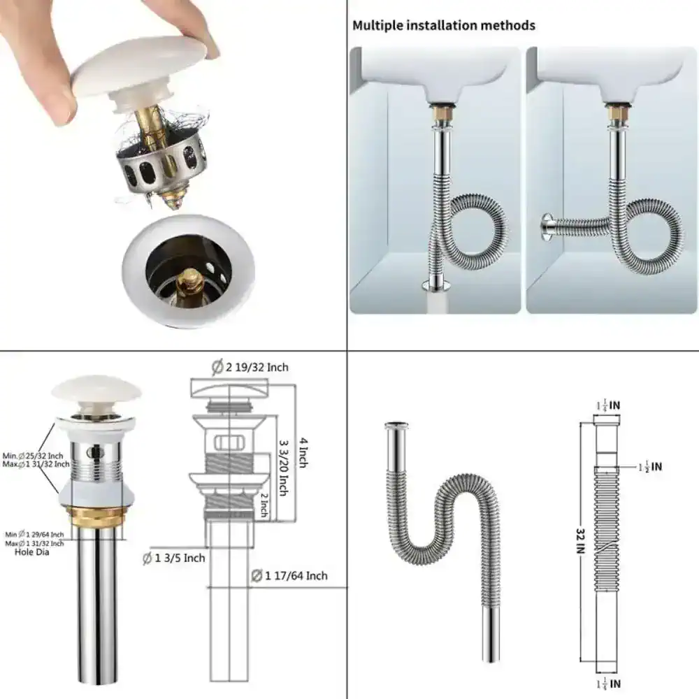 High-quality sink drain with adjustable installation options and flexible piping for bathroom or kitchen sinks. Durable materials ensure leak-proof, corrosion-resistant connections.