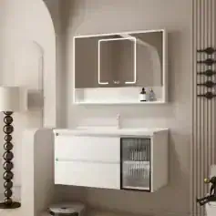 Bathroom vanity with LED mirror, wall-mounted storage cabinet, and modern design for stylish home bathrooms.
