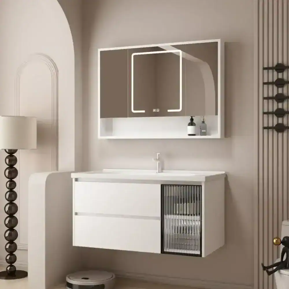 Bathroom vanity with LED mirror, wall-mounted storage cabinet, and modern design for stylish home bathrooms.
