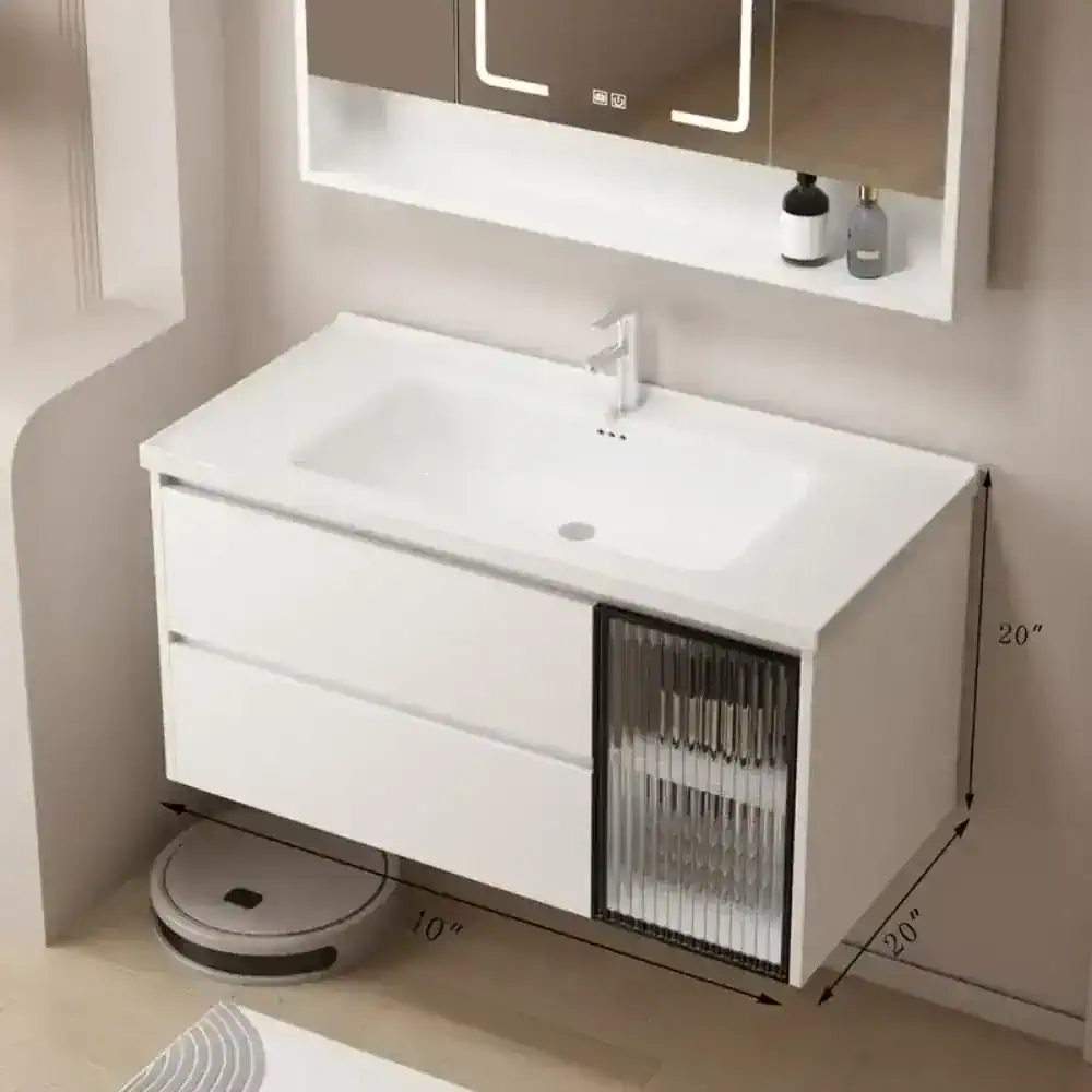 Elegant optometry store vanity with storage and mirror for eyeglasses display, featuring a sleek white design perfect for optical retail spaces and clinics.