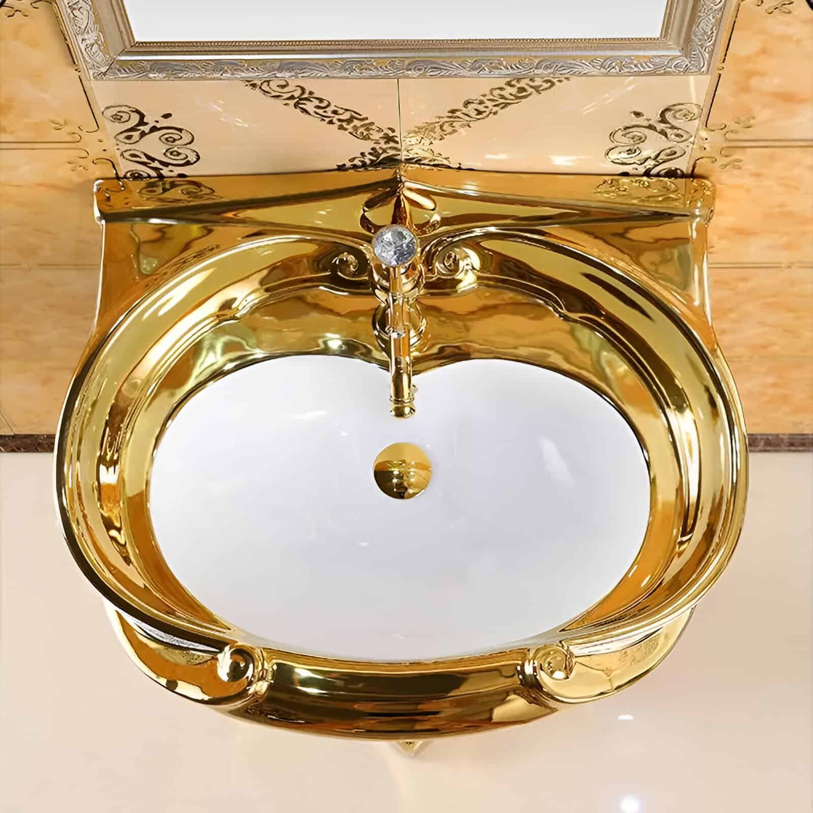 Elegant gold-plated sink with ornate mirror, perfect for upscale bathroom decor and stylish interior design. Adds opulence and sophistication to any vanity or powder room.