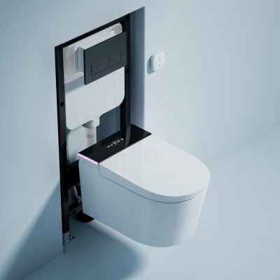 A high-tech toilet equipped with touch controls and bidet functionality, providing premium hygiene and comfort in a modern bathroom setting.