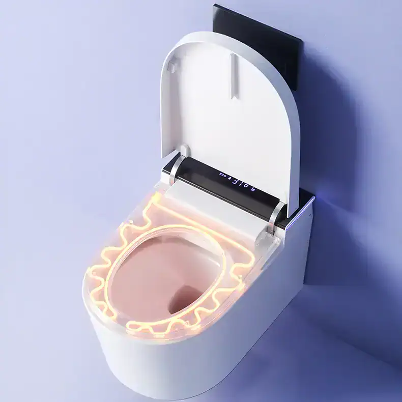 Advanced smart toilet with bidet, LED display, and customizable features for hygiene and comfort. Ideal for modern bathrooms and health-conscious users seeking high-tech sanitation solutions.
