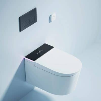 Modern smart toilet with integrated bidet and touch controls, designed for enhanced hygiene and comfort in luxury bathrooms. Sleek white finish and advanced features for a premium user experience.