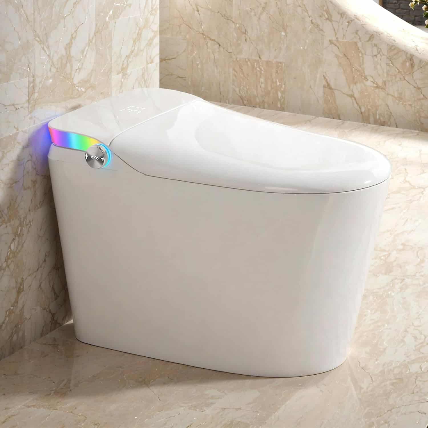 High-tech smart toilet featuring bidet functions, sleek white finish, and customizable lighting for an enhanced bathroom experience and improved hygiene.