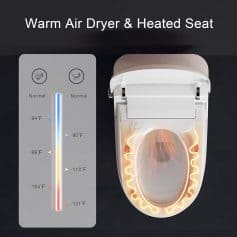 Clean and comfortable heated toilet seat with built-in warm air dryer, designed for superior hygiene and user comfort. Perfect for bathrooms seeking modern amenities, featuring adjustable temperature settings and sleek design.