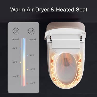 Clean and comfortable heated toilet seat with built-in warm air dryer, designed for superior hygiene and user comfort. Perfect for bathrooms seeking modern amenities, featuring adjustable temperature settings and sleek design.