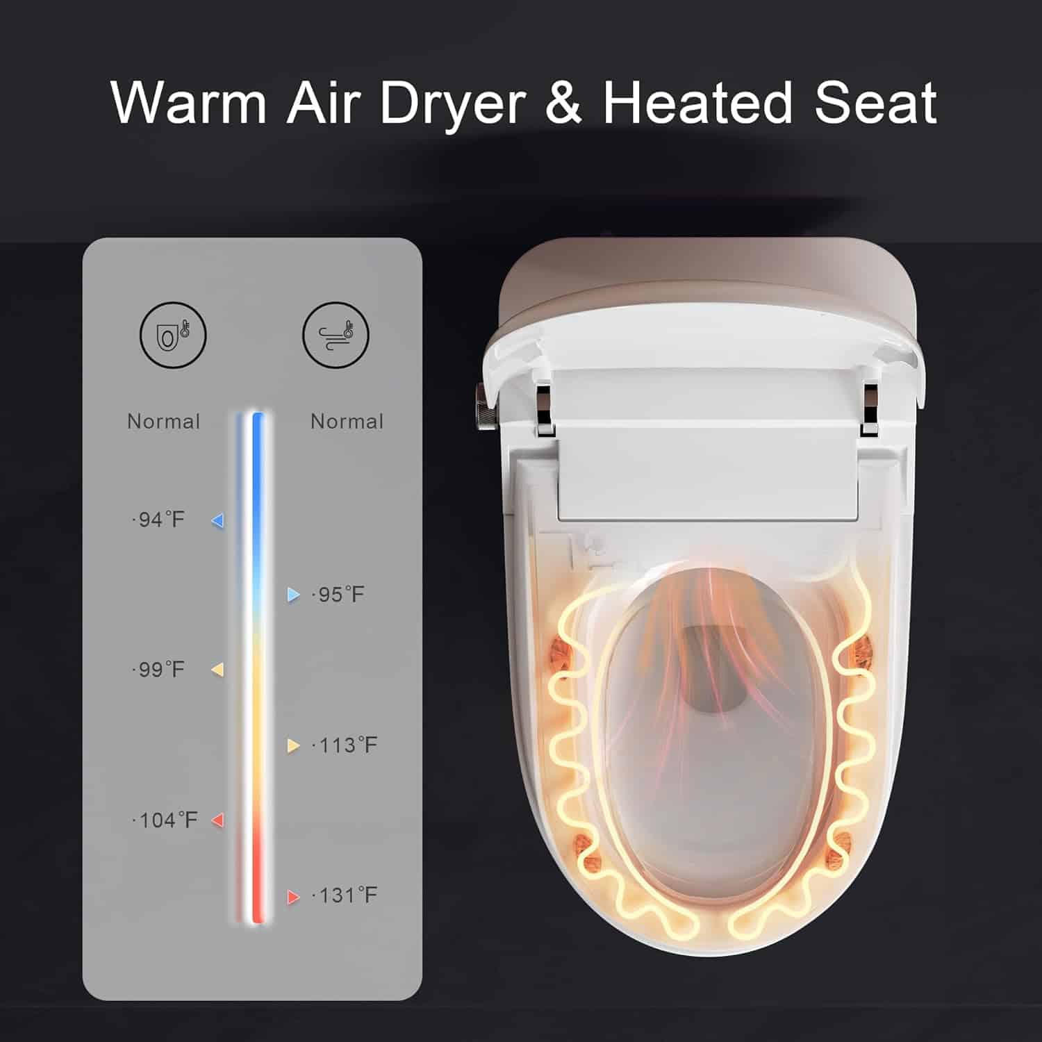 Clean and comfortable heated toilet seat with built-in warm air dryer, designed for superior hygiene and user comfort. Perfect for bathrooms seeking modern amenities, featuring adjustable temperature settings and sleek design.