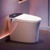 High-tech smart toilet with modern design, energy-efficient features, and advanced hygiene system, offering luxury bathroom experience in a contemporary setting.