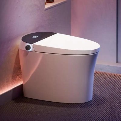 High-tech smart toilet with modern design, energy-efficient features, and advanced hygiene system, offering luxury bathroom experience in a contemporary setting.