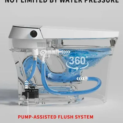 Efficient, water-pressure independent flushing system with 360° rotation for optimal hygiene in medical and commercial toilets.