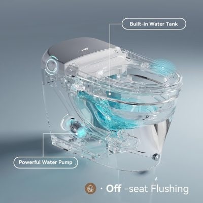 High-tech transparent toilet with built-in water tank, powerful water pump, and off-seat flushing feature. Designed for hygiene and efficiency in medical and healthcare settings.